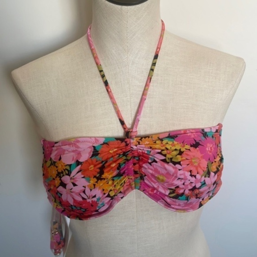 Shade & Shore bikini top Barbie Pink floral ruched pad halter swimwear New 34B